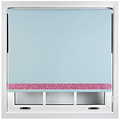 FURNISHED Blackout Roller Blinds With Glitter Edge - Trimmable Thermal UV Protection Fabric Easy Fit Sparkle Glitter Blind for Windows, Duck Egg Blue 165W x 210H cm