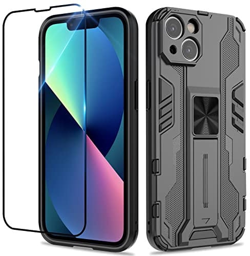 Btstring Cover per iPhone 13 con Pellicola Protettiva, Militare Custodia con Stand Supporto Bumper Antiurto Case, TPU+PC Dual Layer Custodia- Nero