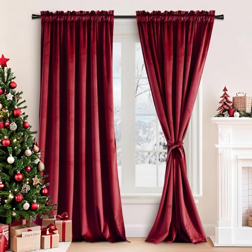 JIUZHEN Velvet Curtains Blackout Extra Long Curtains for Sliding Door Noise Reducing & Privacy Protect Modern Home Deco Drapes for Party/Indoor Decorations, W52 x L120, Set of 2, Wine Red