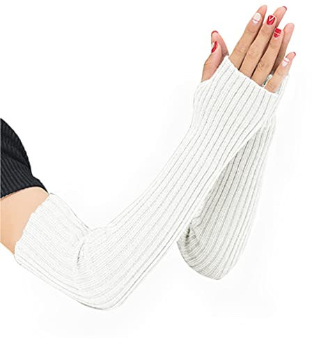 SUNTRADE Fingerlose Strickhandschuhe für Damen und Mädchen, weich, dehnbar, lange Handschuhe, weiß, 38