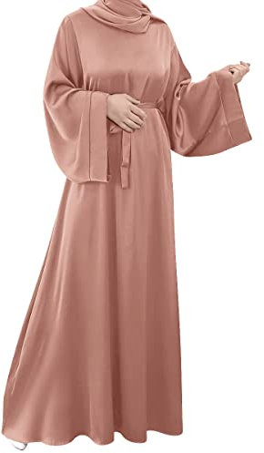 OBEEII Muslimisches Einfarbig Gebetskleid Full Cover Islamic Abaya Kaftan Konservative Kleidung den Ramadan für Ethnische, Abend, Party Robe Kleid Muslimisches Frau Rosa02 M