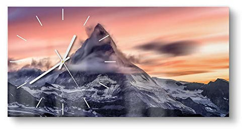 DEQORI Glasuhr | vertikal 60x30 cm | Motiv Sonnenaufgang Matterhorn | große XXL Design Uhr aus Glas | leise Wanduhr für Wohnzimmer & Küche | Moderne Hingucker Uhr für die Wand