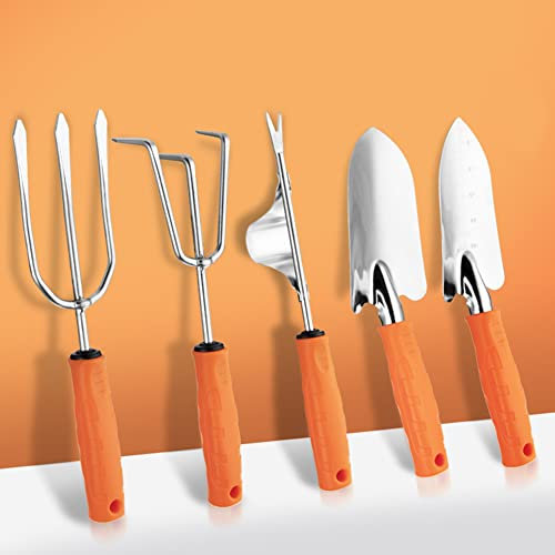 KARBAG 5-Piece Gardening Tools Set, Heavy Duty Gardening Tools Outdoor Gardening Hand Tool Kit with Ergonomic Handles Including Shovel, Transplanted, Cultivator, Weedier, Fork Gifts for Men Women