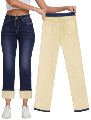 KDF Damenjeans mit Fleece gefüttert, hohe Taille, gerades Bein, Winter-Jeans mit Fleece gefüttert