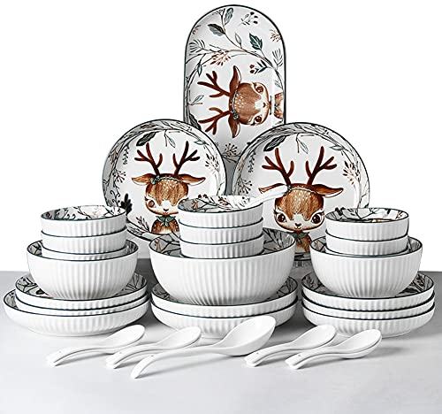 Set di stoviglie da 35 Pezzi, Piatti Piani in Porcellana con Motivo Cervo dei Cartoni Animati combinati (Servizio per 6), Set di stoviglie in gres smaltato