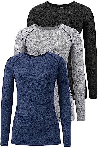 Star Vibe 3 Pack Dry Fit Long Sleeve Tshirt for Women Moisture Wicking Long Sleeve Tee Outdoor Compression Running Workout Tops Black/Grey/Navy L