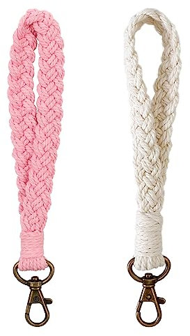 AOKSUNOVA Schlüsselband Kurz Schlüsselanhänger Makramee Set Schlüsselanhänger Geflochten Handgelenk Rosa + Weiss