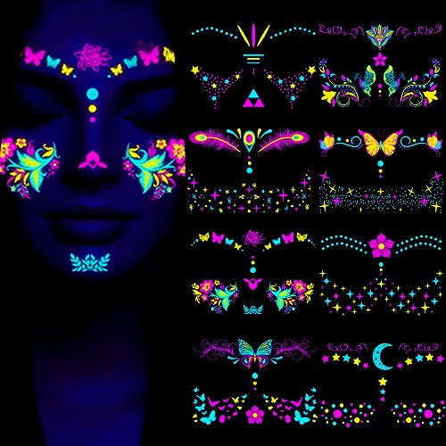 NICENEEDED Temporäre Tattoos Im Neon-Stil Für Musikpartys, Die Im Dunkeln Leuchten, Fluoreszenz-UV-Wasserdichte Leuchtende Winzige Aufkleber, Blacklight Reactive Light Face Flash Festival Zubehör Für