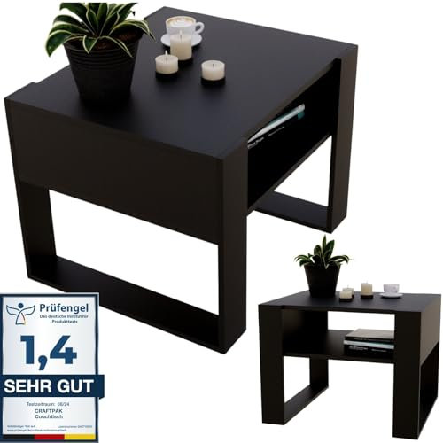 CraftPAK Wohnzimmer Tisch für Couch aus hochwertigem Holz, Stabiler & moderner Couchtisch mit zusätzlicher Ablagefläche, Farbe Schwarz