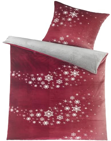 KH-Haushaltshandel Winter Wende Bettwäsche Cashmere Touch, 135x200+80x80cm, rot grau, Sterne, Fleece, Plüsch Teddy Flausch (CashmeRotSterne)