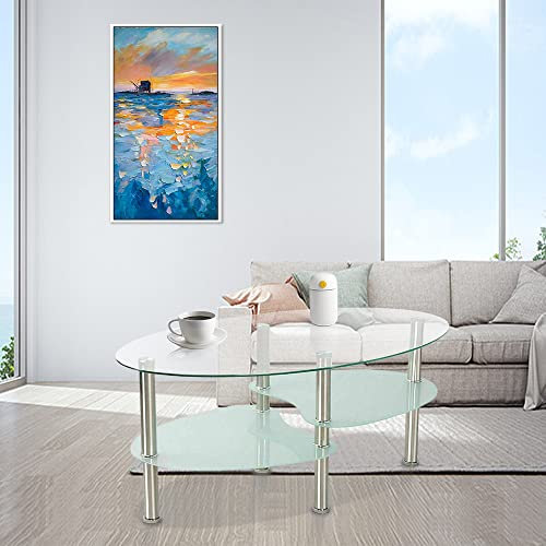Willonin Table Basse en Verre Trempé Simple et Élégante - Salon avec Pieds en Métal, D'appoint, Ovale avec 2 Étagères (Transparent + Blanc)