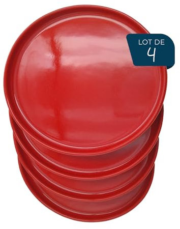 ESPRIT DE CUISINE - Lot de 4 Assiettes Plates En Céramique - Design Élégant - Résistant Aux Rayures - Solide Et Durable - Facile À Nettoyer - Made In France - 25 cm - Rouge Moucheté