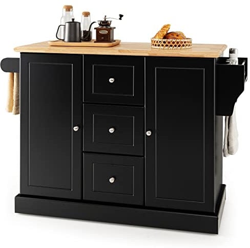COSTWAY Large Kitchen Island on Hidden Wheels, Rolling Storage Trolley Cart with Rubber Wood Countertop, 3 Drawers, 2 Cabinets & Adjustable Shelf, Serving Utility Organiser Cabinet,127x46x92cm (Black)