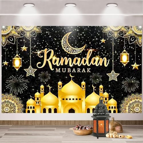 Ramadan Mubarak Hintergrund Banner, 185 x 110cm Eid Mubarak Banner Extra Große Ramadan Mubarak Banner Deko Eid Mubarak Hintergrund für Muslim Islamische Party Ramadan Deko(Schwarz)