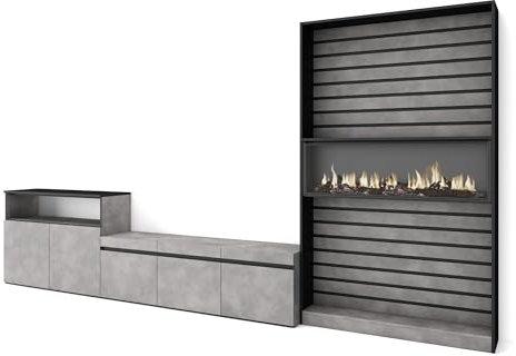 Skraut Home | Muebles de Salón para TV | Conjunto de Muebles Comedor | 360x186x35cm | para TV hasta 65 | Chimenea eléctrica | Estilo Moderno | Cemento