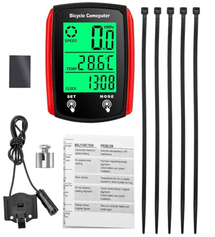 URPIZY Fahrradcomputer, universeller wasserdichter Fahrradtacho, LCD-Computer, Geschwindigkeitskilometerzähler mit LCD-Hintergrundbeleuchtung, für , Rennrad, Rot