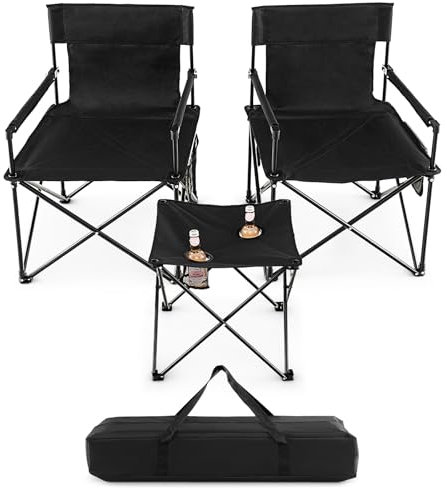 COSTWAY Juego de Sillas Camping Plegable y Mesa, 2 Sillas Camping Portátil y Mesa Auxiliar con 2 Portavasos, Bolsa de Transporte, Pesca, Picnic, Barbacoa, Negro