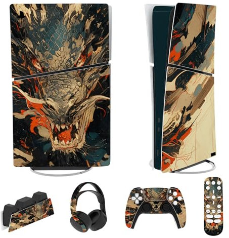 playvital Autocollant Protection pour ps5 Slim Console Accessoires,Sticker Skin pour ps5 Manette & Télécommande & Casque & Station de Charge,Digital Edition-Dragon Fureur