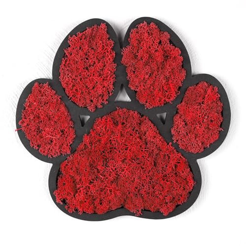 ebenkunst | Moosbild - Pfote - Wanddekoration aus Holz, HDF-Schwarz, Größe 31,7 x 30 x 1cm, konserviertes Moos, handgefertigte Wandkunst (Rot)