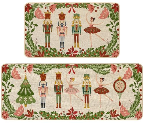 Baccessor Christmas Kitchen Rugs Set of 2, Nutcrackers Xmas Balls and Trees Kitchen Mats for Floor Non Slip Winter Holiday Dec Farmhouse Christmas Decoration 17x29 and 17x47 Inch