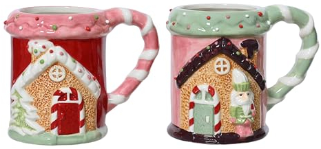 Gingerbread House Mug 11 cm x 1 Piece Assorted – Handmade Ceramic Tea Cup with Handle – Ceramic Mug as Christmas Cup Tea Mug Coffee Cup – Cups & Mugs as Gift – Pink Green