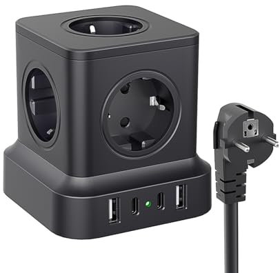 Steckdosenwürfel mit 4 USB, Steckdosenwürfel 5-Fach mit Schalter, Mehrfachsteckdose mit 1.8M Verlängerungskabel, Überspannungsschutz für Büro, Zu Hause, Reisen, PD20W, Schwarz