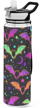 Mnsruu Bouteille d'eau transparente avec paille - Bouteille d'eau étanche Bidon Plastique - Chauve-souris gothique - Pour le sport, le bureau, l'école - Plastique Tritan sans BPA - 1 litre