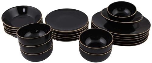 Elegant 24-Piece Ceramic Dinner Set, Black & Gold | 100% Stoneware, Antibacterial, Easy Clean, Thermal Shock Resistant | Dishwasher & Microwave Safe