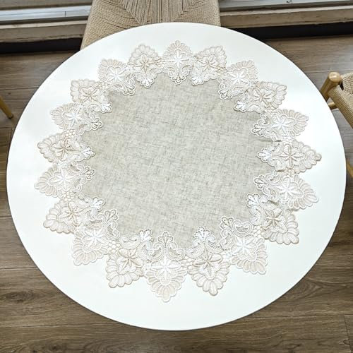 URROMA Runde Tischdecke aus Leinen mit Spitzenbesatz, hellkhaki, staubdicht, f黵 Zuhause, Festival, Tischdecke f黵 Esszimmer, K點he, 60 x 60 cm