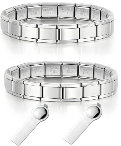 2 Stück italienische Charm-Armbänder, Edelstahl Nomination-Armbänder, 2 Stück 9 mm Nomination Charm Tool, elastisches Charm-Armband, Nomination-Armbänder für Frauen (Silber)