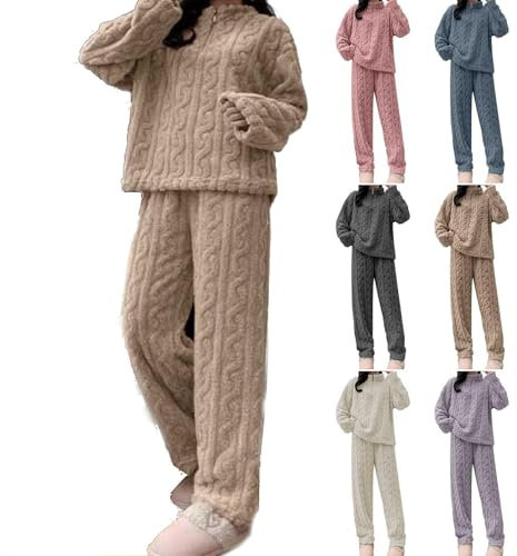 Completo caldo per il tempo libero in pile da donna, set di indumenti da notte in pile di flanella, pigiama termico da donna in flanella, completo pigiama, maglione e pantaloni in peluche (L,Khaki)
