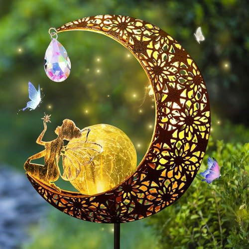 YeahBoom Mond Solarleuchten Garten,Metall Mond Solar Gartenleuchte,Außen Metall Mond Solar,LED Glaskugel Gartenleuchte,Solarleuchte mit Erdspieß,Gartendeko für Hof Rasen,Freien Solarlampe Außen