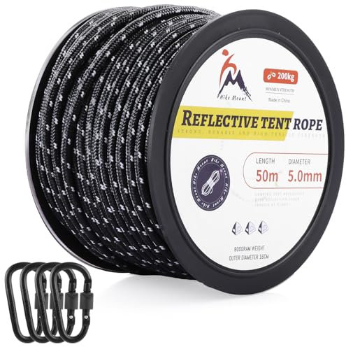 AKOLAFE 330LB Paracord 5mm Black Paracord Nylon Rope 50M Reflective Parachute Cord 5mm Tactical Nylon Cord 550 with 4 D Shape Buckles for DIY, Crafting, Camping, Survival, Outdoor