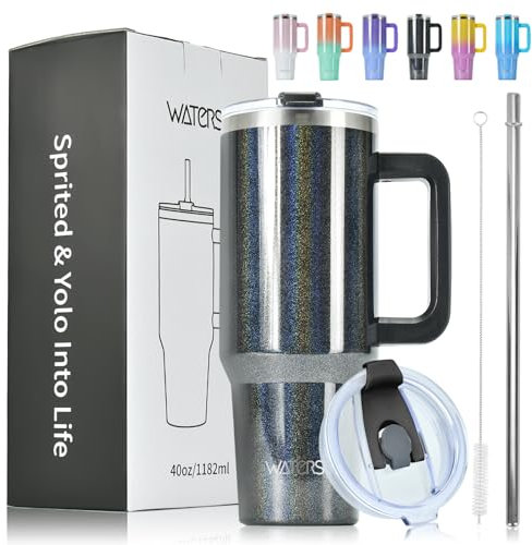 WATERSY 40oz Kaffeebecher to Go Thermobecher Doppelwandiger Edelstahl Vakuum Auslaufsicher Trinkbecher mit Griff und Strohhalm Thermo Tumbler Schwarz Glänzend