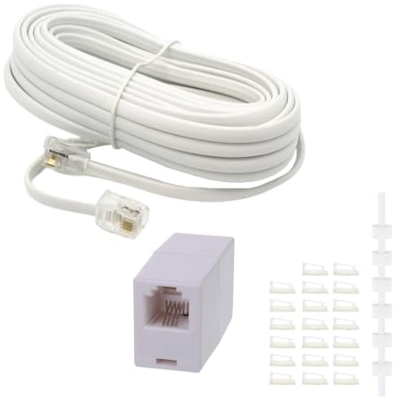 HAWAKA Phone Extension Cord 10 Metres, 33 Feet Long Telephone Cable with Standard RJ11 Plug and 1 in-Line Couplers and 20 Cable Clip Holders