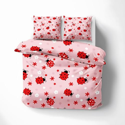 Generisch Bettwäsche Marienkäfer 155x220, Gänseblümchen Insekt Bettbezug 155 x 220 2tlg, Wendebettwäsche & Deko, mit Reißverschluss, 1 Kissenbezug 80x80, Weiche Microfaser - ASF443