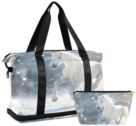 A Running A Lovely Unicorn Winter-Reisetasche, wasserdicht, für Fitnessstudio, Sport, Handgepäck, Wochenendtasche mit Fach, Ein schönes Einhorn für den Winter, Einheitsgröße, Reisetasche