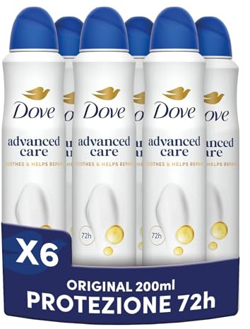 Dove Deodorante Spray Advanced Care Original, con Formula Idratante e Delicata sulla Pelle, Senza Alcol, Pelle Asciutta Fino a 72 Ore, Deodorante Uomo e Donna, 6 Pezzi da 200ml