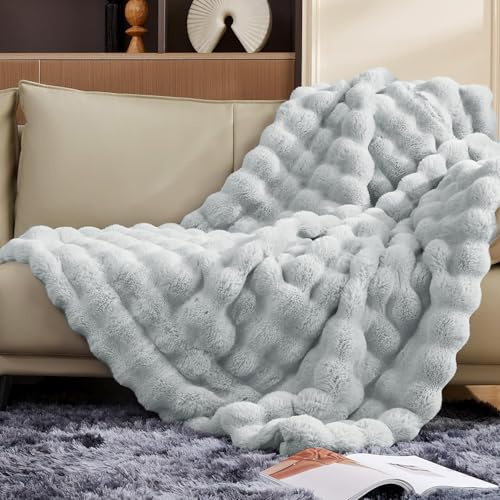 ROMROL Premium Kaninchen-Kunstfelldecke 150x200 cm, Dick Luxus Kunstfelldecke Winterdecke Maschinenwaschbar Für Sofa Bett Couch, Ultraweiche Plüschdecke Geschenk, Grau