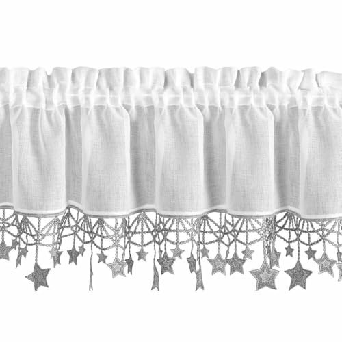 Eurofirany Scheibengardine Bistrogardine 30x150cm weiß mit silbernen Sternen Weihnachten Etamin Gardine Halbtransparent Weihnachtsmotiv Fensterdekoration Küche Esszimmer