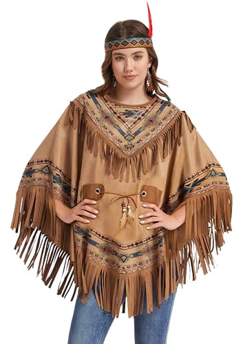 MOMOSTAR Indianerin Poncho, Kostüm Damen Indianerin mit Stirnband und Ohrringe, Brauner Fransen-Poncho Wildleder-Optik, Faschingskostüme Damen für Erwachsene Karneval Fasching Party