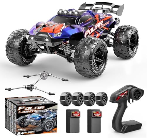 Cirmine Voiture Télécommandée Adulte 1:14 2.4GHz Tout-Terrain Off-Road, Voiture RC 4WD Haute Vitesse 40 km/h, Véhicule RC 4x4 Étanche avec 2 Batteries Rechargeables 1300mAh et 2 Jeux de Pneus