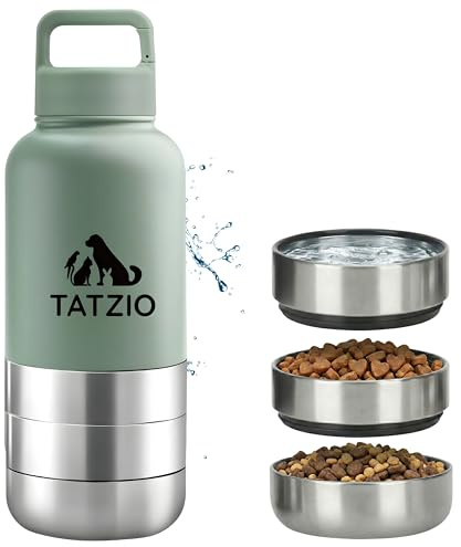 TATZIO Reiseflasche 4-in-1 für Hunde & Katzen aus Edelstahl – Isolierter Wasser- & Futterbehälter für Haustiere– Auslaufsicherer Reisenapf mit 3 Zusatzbehältern für Unterwegs Grün 1000ml