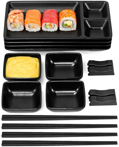 16 Piece Melamine Sushi Plate Set for 4 | Complete Place Settings with 4 Plates, 4 Sauce Dishes, 4 Pairs of Chopsticks and 4 Holders