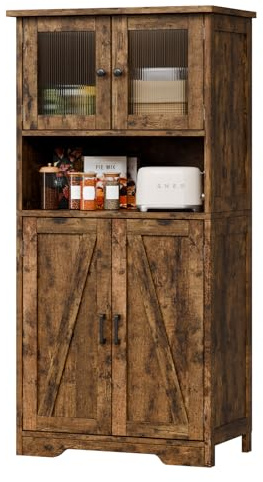 Zstar 50.4 Gabinete De Almacenamiento Grande De MDF con 4 Puertas y 1 Compartimento Abierto, 2 Puertas De Vidrio, Estantes Ajustables para Cocina, Dormitorio, Sala o Pasillos, Marrón.