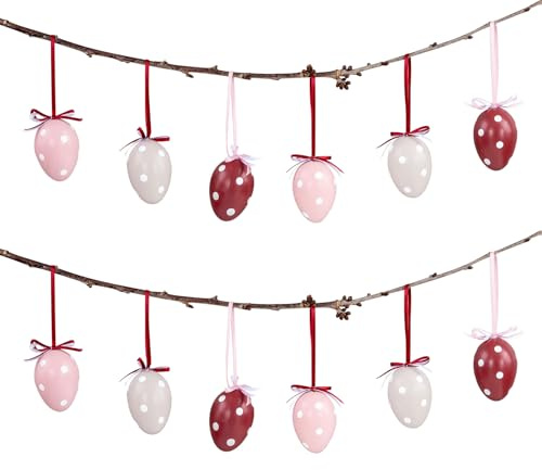 levandeo 12er Set Deko Eier Hängedeko Ostern Rosa Rot Weiß Punkte Ostereier zum Aufhängen Osterdeko Gepunktet Dekoration