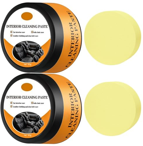 Vkwcck Crema Pulizia Interni Auto 160g*2, Detergente Per Pelle e Plastica | Cura Sedili Auto, Pulitore Volante e Pannelli Porte, Rimuove Sporco e Macchie, 2 Spugne Incluse