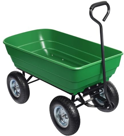 Gartenwagen mit Kippfunktion 200 kg, Handwagen mit 100 l Volumen, Bollerwagen für Gartenarbeit, Transportwagen mit Luftgefüllten Reifen, Kunststoffwanne Gartenkarre
