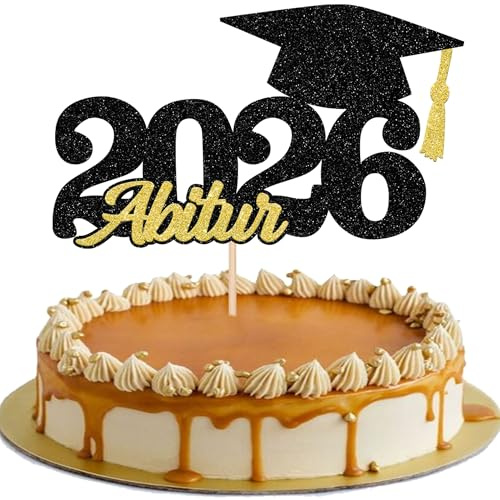 1 Stück 2026 Abitur Tortendeko Glitzer Abschlusshut mit Quaste Kuchen Deko ABI Abschluss Cake Topper 2026 Prüfung Abschluss Tortenspitze für Abschlussfeier Thema Party Kuchen Dekorationen Schwarz Gold