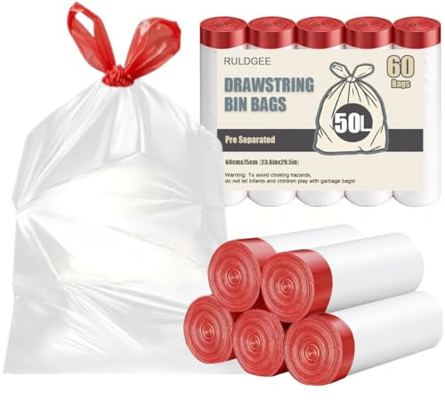 RULDGEE Heavy Duty Bin Liners 50L Swing Bin Bags with Tie Tape Drawstring Handles 60 Counts White Plastic Trash Bags for Kitchen